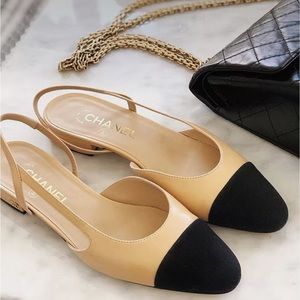 Chanel slingback flat leather beige black tan size 38